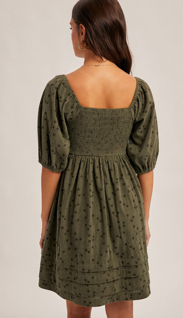 Rowan Floral Corduroy Baby Doll Dress- Mocha