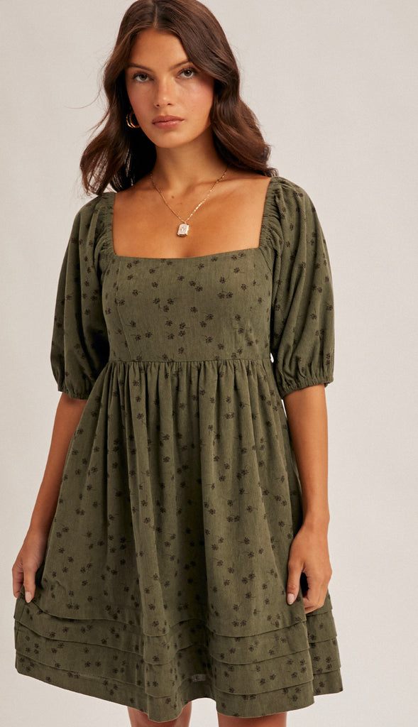 Rowan Floral Corduroy Baby Doll Dress- Olive