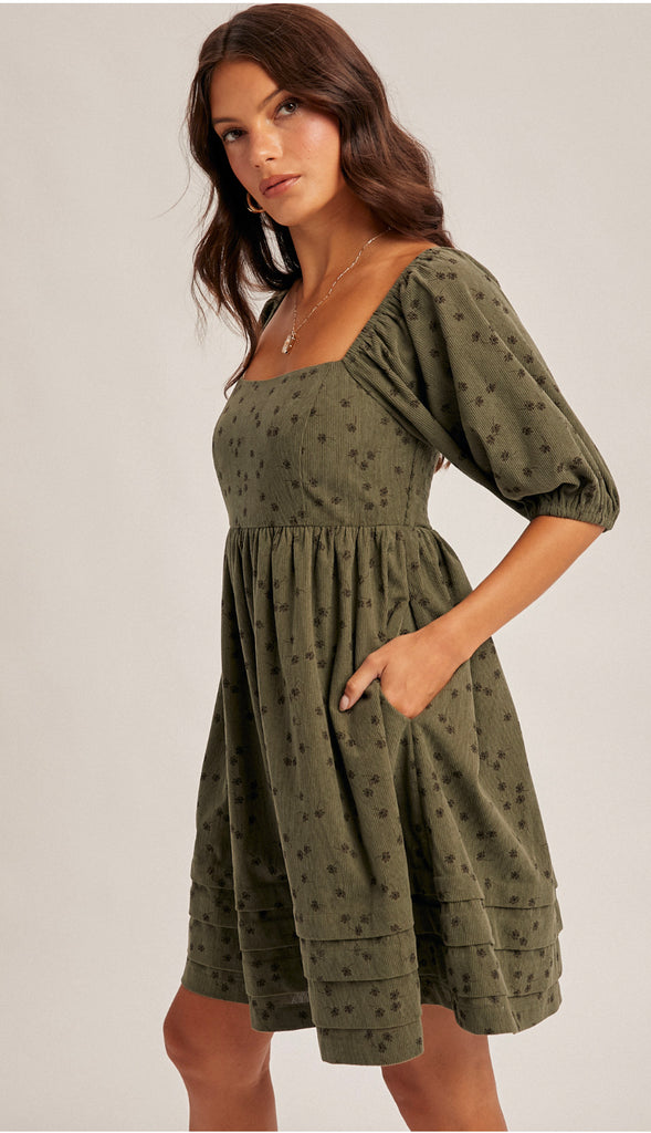Rowan Floral Corduroy Baby Doll Dress- Olive