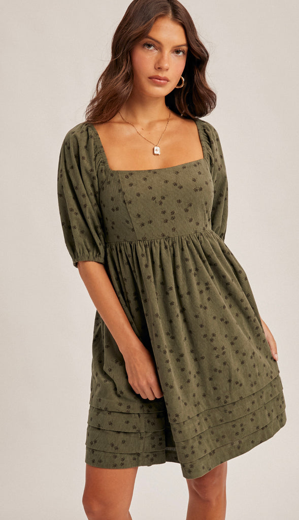 Rowan Floral Corduroy Baby Doll Dress- Mocha