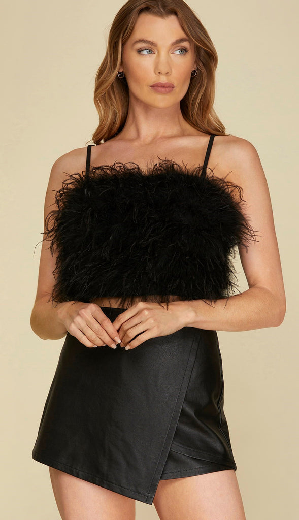 Find Me There Feather Crop Top- Black