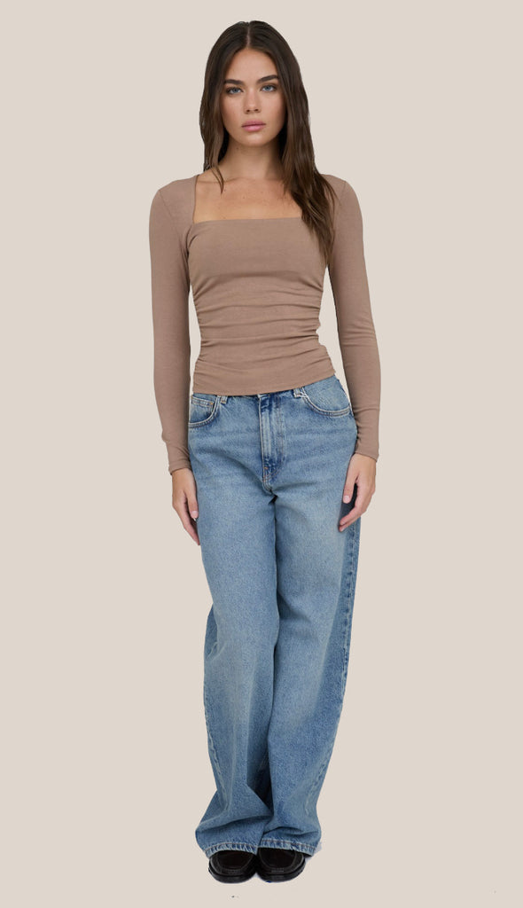 Square Neck Ruched Side Long Sleeve Top- Mocha