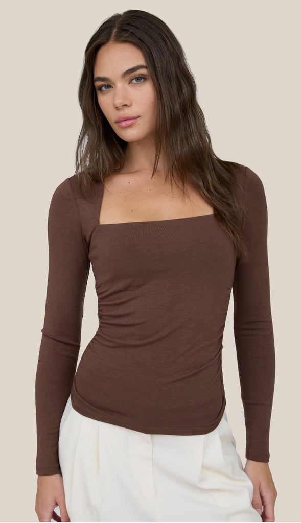 Square Neck Ruched Side Long Sleeve Top- Black