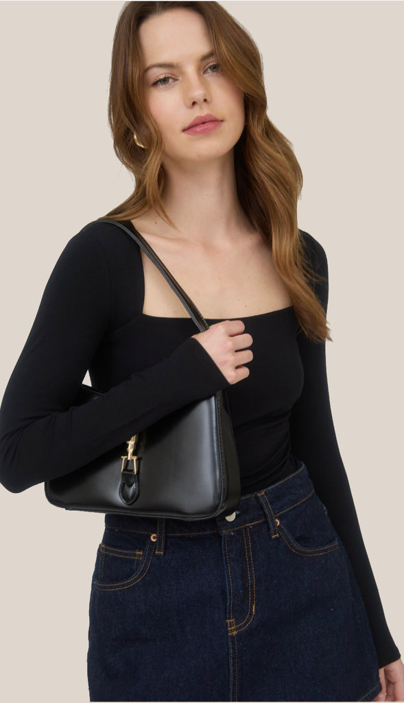 Square Neck Ruched Side Long Sleeve Top- Black