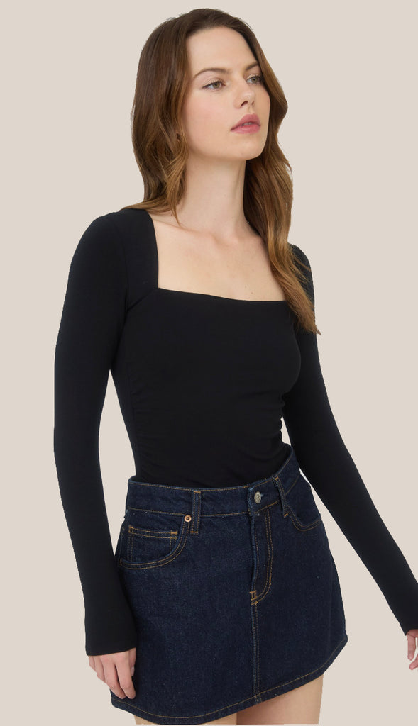 Square Neck Ruched Side Long Sleeve Top- Black