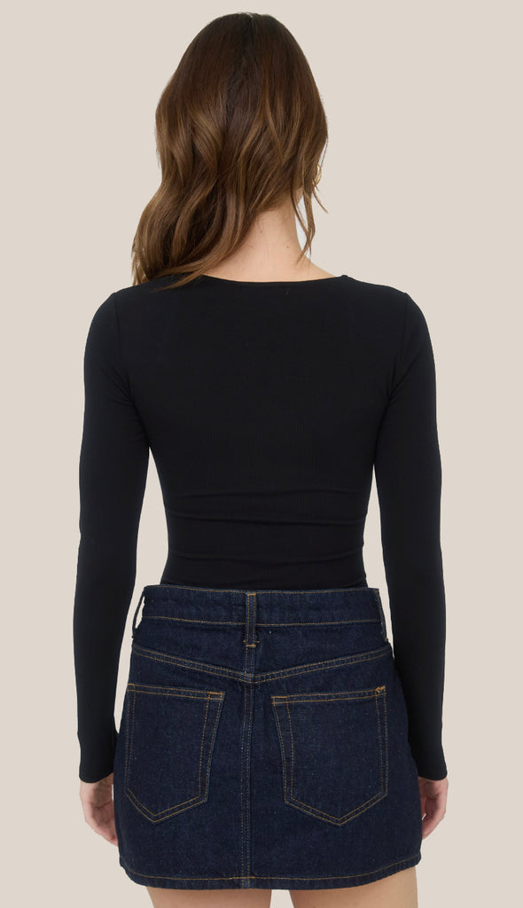 Square Neck Ruched Side Long Sleeve Top- Brown