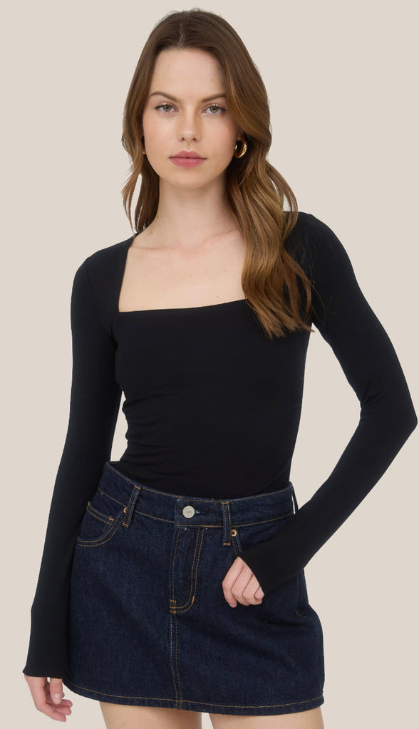 Square Neck Ruched Side Long Sleeve Top- Mocha