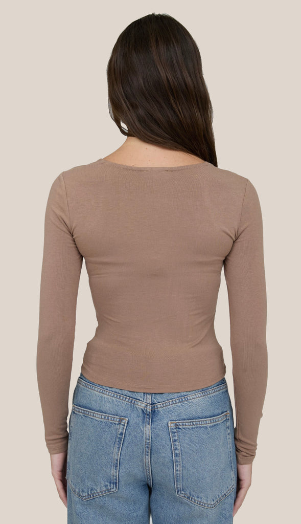 Square Neck Ruched Side Long Sleeve Top- Black