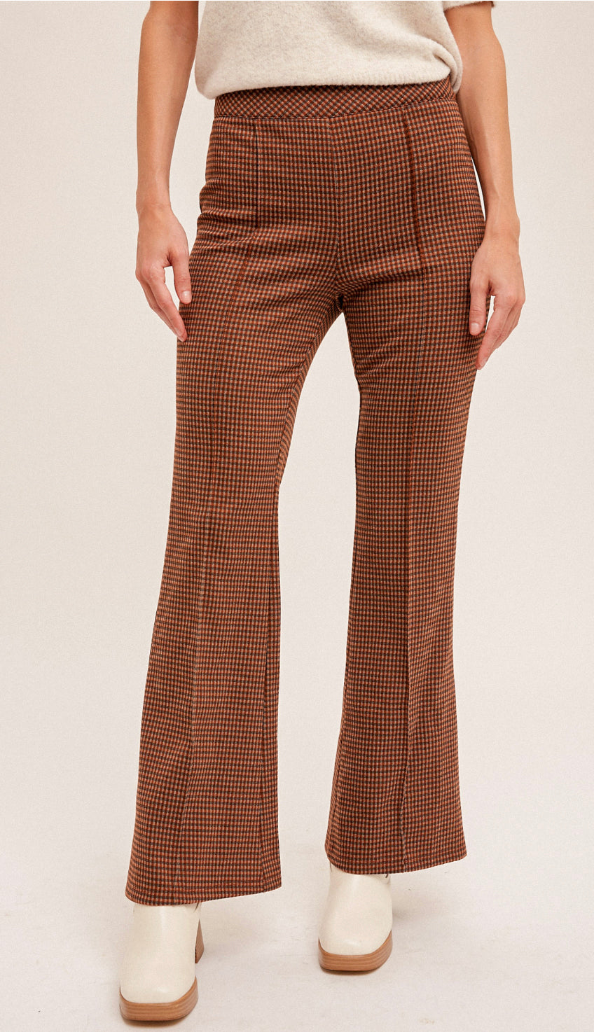 Bring It Back Check Flare Pants- Rust/Brown