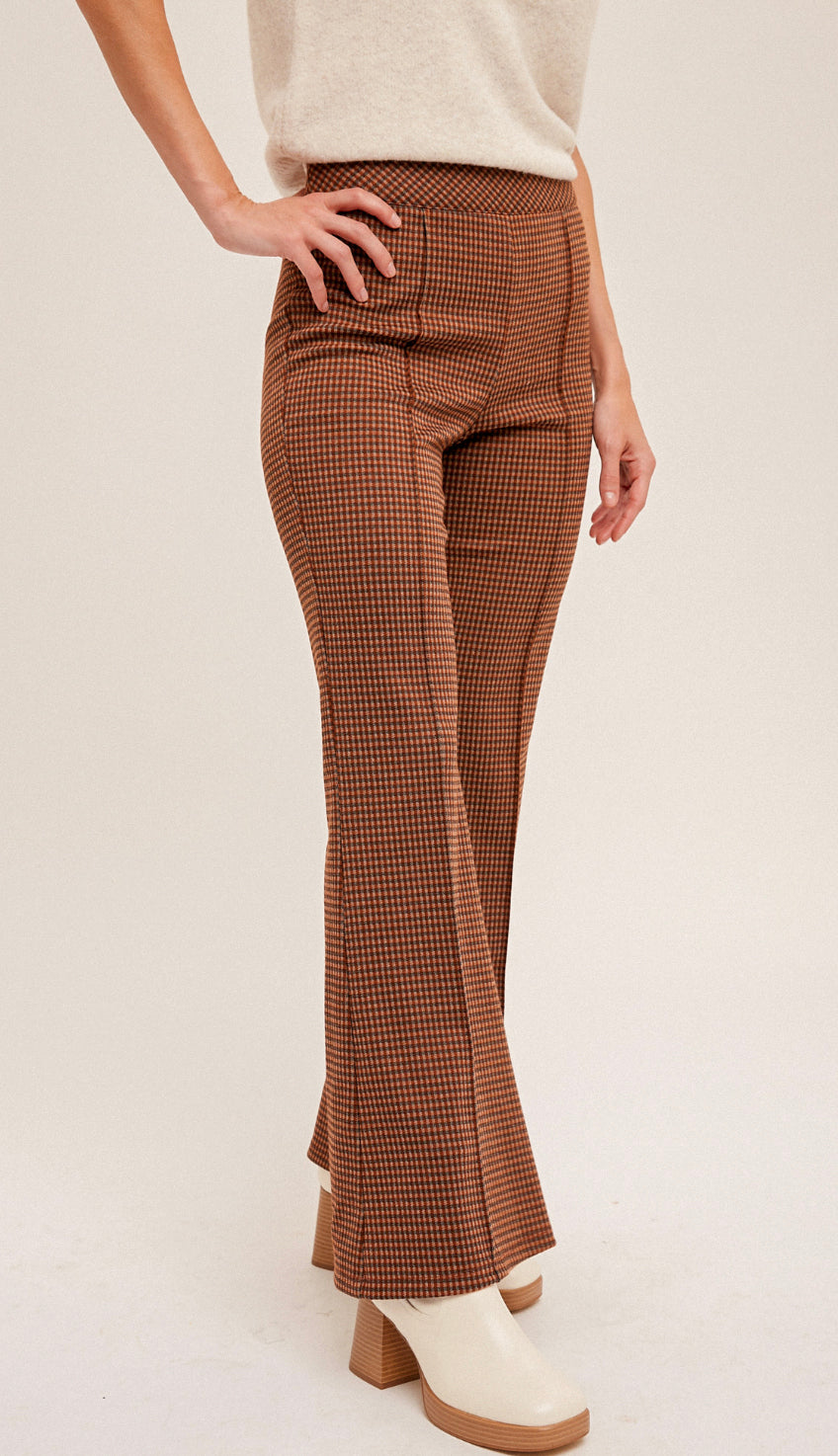 Bring It Back Check Flare Pants- Rust/Brown