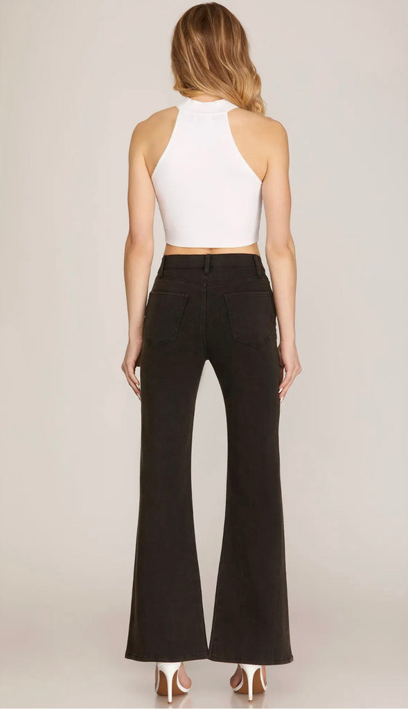 High Rise Boot Cut Stretch Twill Pants- Off White