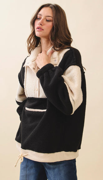 Winter Cozy Fleece Zipper Front Pullover- Black/Oatmeal