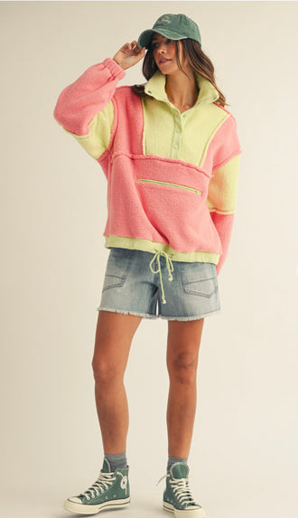 Winter Cozy Fleece Zipper Front Pullover- Neon/Pink