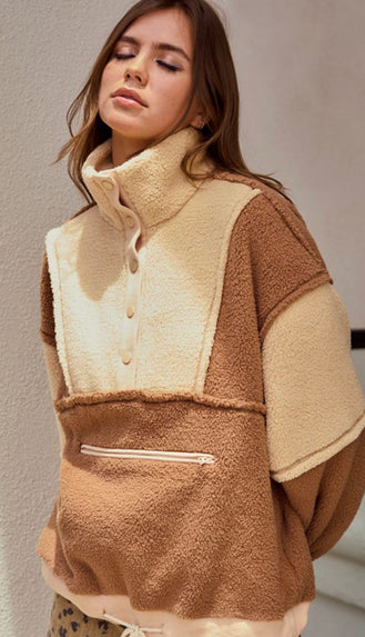 Winter Cozy Fleece Zipper Front Pullover- Dusted Cocoa/Butter