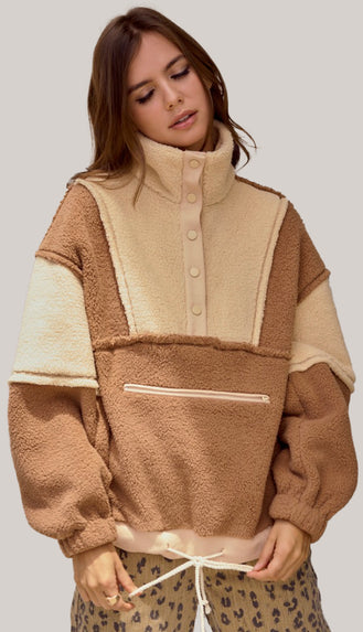 Winter Cozy Fleece Zipper Front Pullover- Dusted Cocoa/Butter