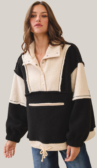 Winter Cozy Fleece Zipper Front Pullover- Black/Oatmeal