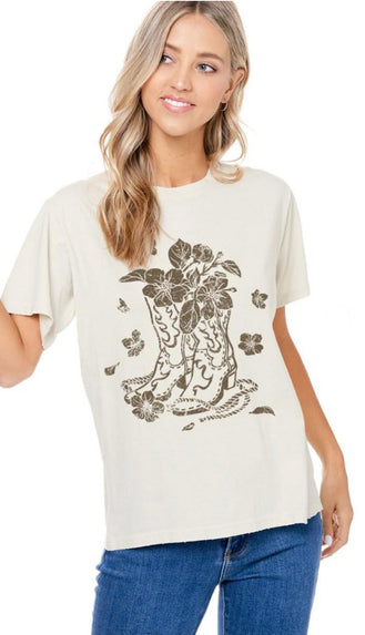 Cowboy Boots Floral Graphic Tee- Bone
