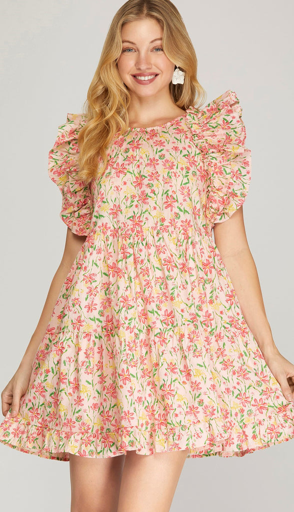 Poplin Floral Dress- Pink/Red