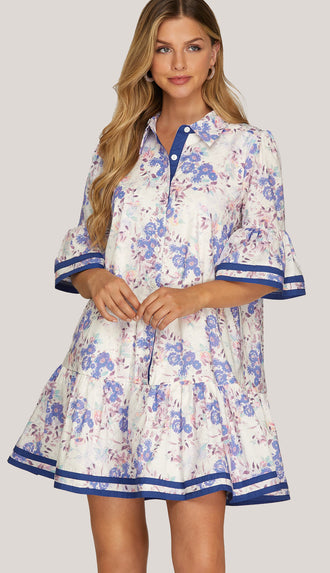 Emma Bell Sleeve Button Down Floral Dress- Lilac/Blue