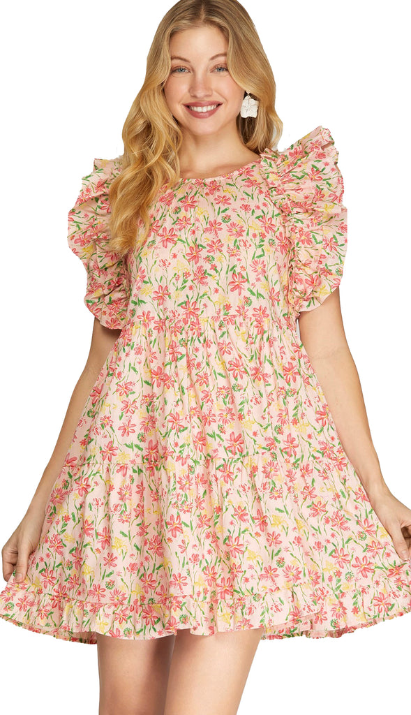 Poplin Floral Dress- Pink/Red