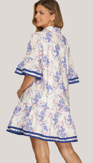 Emma Bell Sleeve Button Down Floral Dress- Lilac/Blue