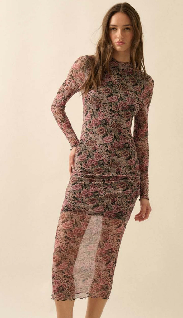 Secret Garden Floral Mesh Mock Neck Midi Dress- Black