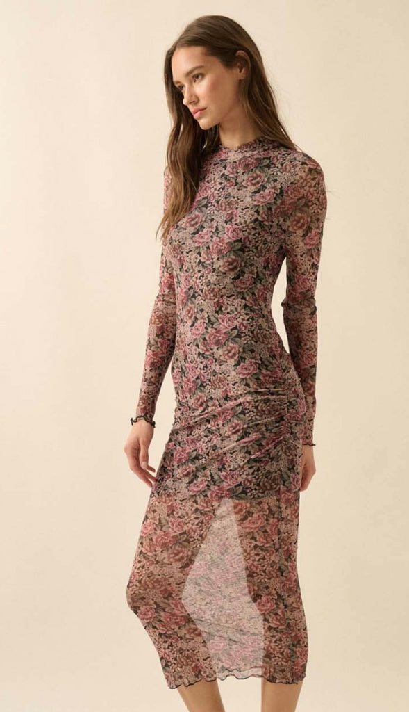 Secret Garden Floral Mesh Mock Neck Midi Dress- Black