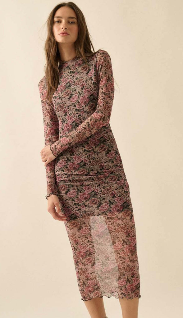 Secret Garden Floral Mesh Mock Neck Midi Dress- Black