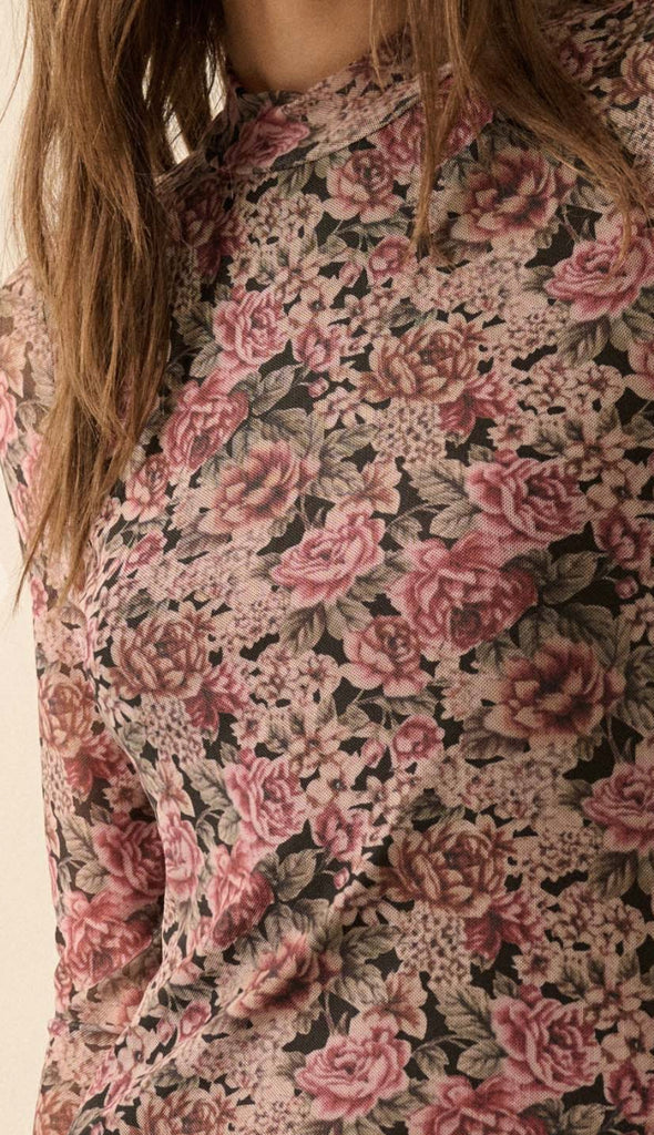 Secret Garden Floral Mesh Mock Neck Midi Dress- Black