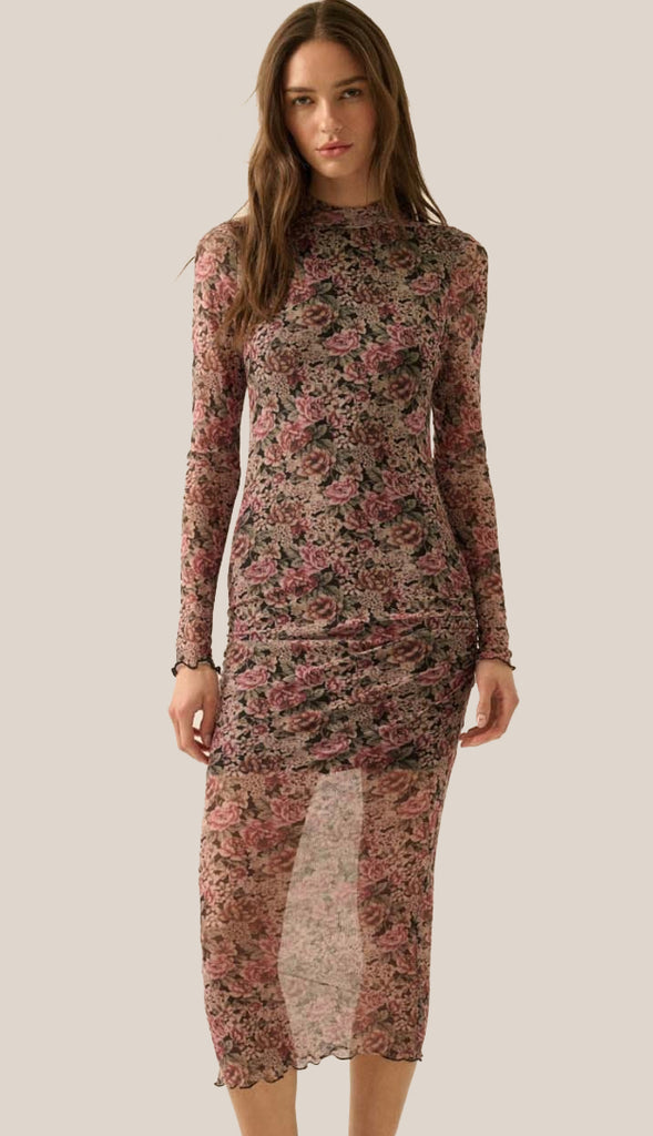 Secret Garden Floral Mesh Mock Neck Midi Dress- Black
