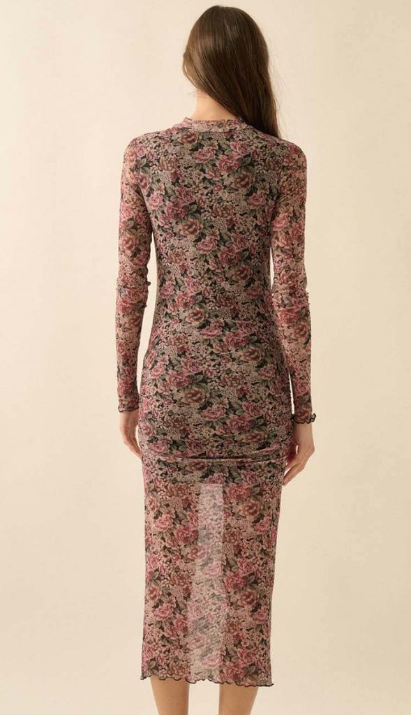 Secret Garden Floral Mesh Mock Neck Midi Dress- Black