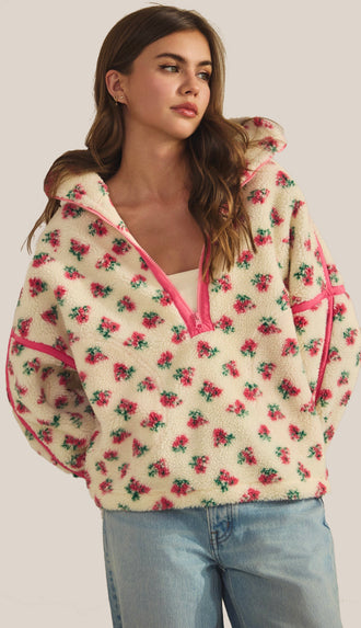 Rosie Floral Fleece Half Zip Jacket- Rose Floral