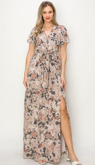 Holly Floral Wrap Front Slit Maxi Dress- Mauve