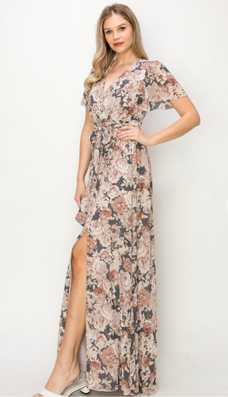 Holly Floral Wrap Front Slit Maxi Dress- Mauve