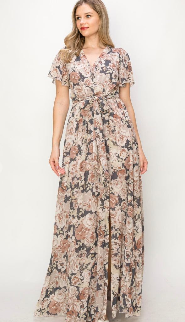 Holly Floral Wrap Front Slit Maxi Dress- Mauve