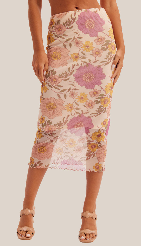 Heather Floral Mesh Print Midi Skirt- Multi