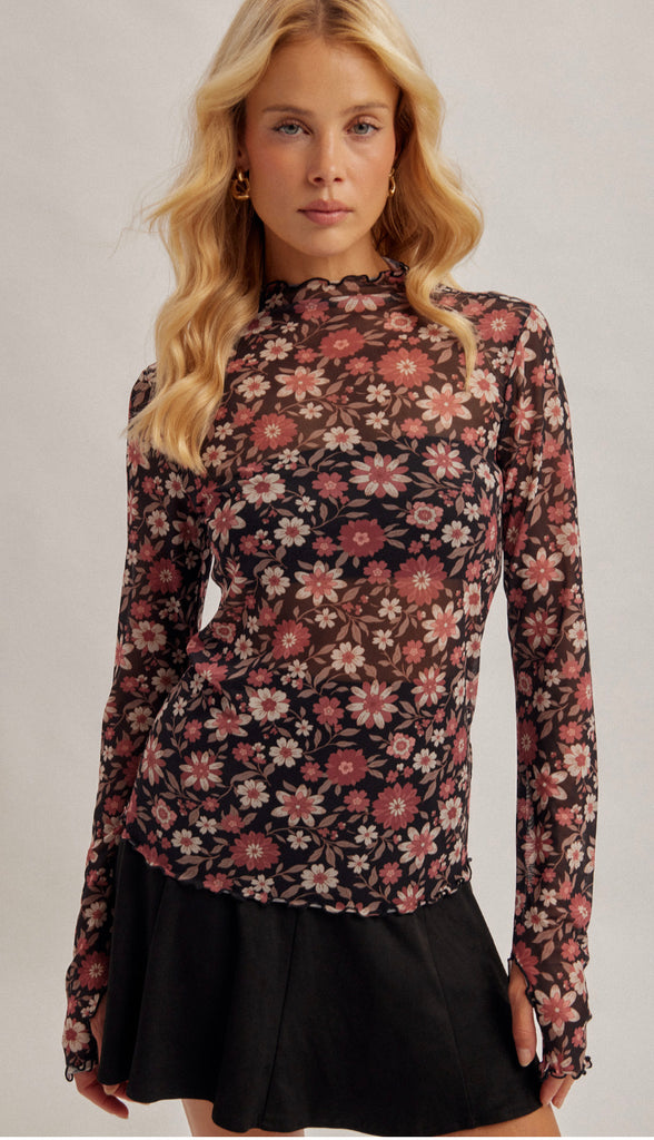 Midnight Blooms Floral Mesh Top- Black Multi