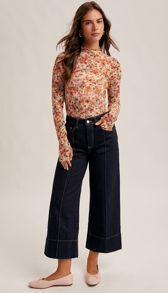 Gracie Floral Mesh Long Sleeve Top- Taupe