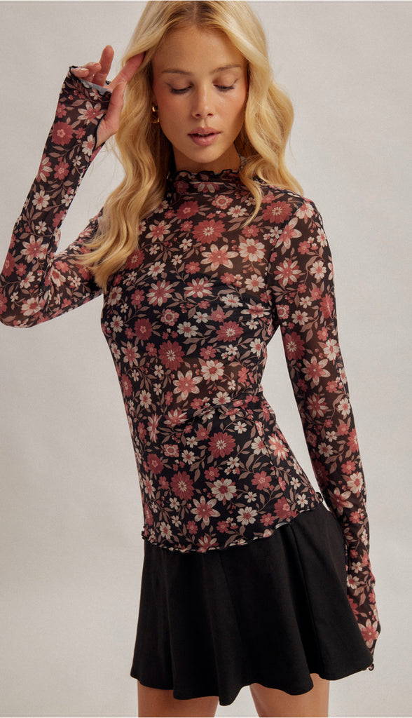 Midnight Blooms Floral Mesh Top- Black Multi