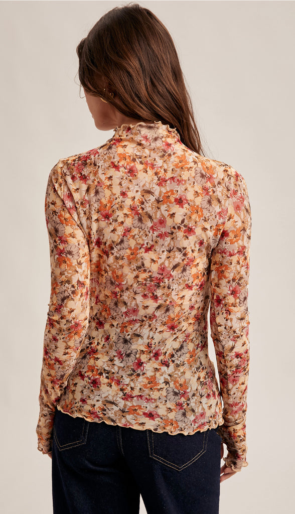 Gracie Floral Mesh Long Sleeve Top- Taupe
