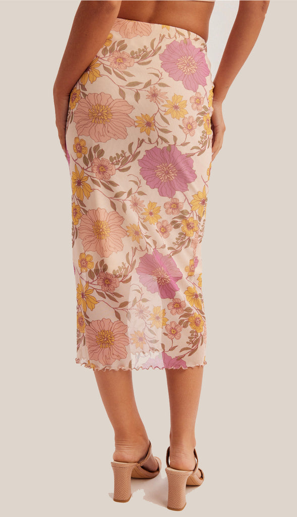 Heather Floral Mesh Print Midi Skirt- Multi
