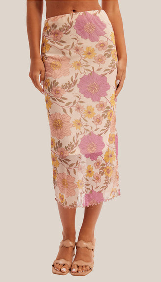 Heather Floral Mesh Print Midi Skirt- Multi