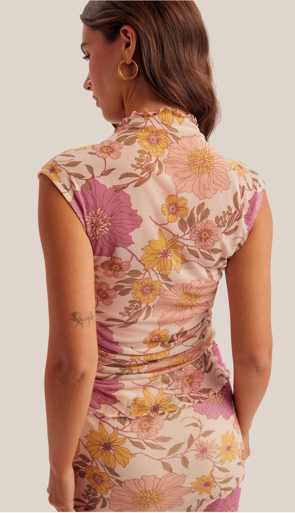 Heather Floral Mesh Print Ruched Top- Multi