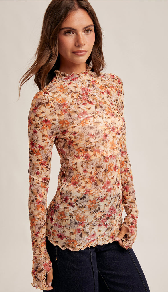 Gracie Floral Mesh Long Sleeve Top- Taupe