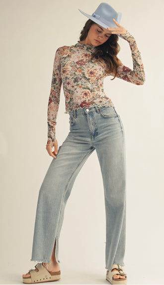 Romance Bloom Floral Mesh Top- Latte
