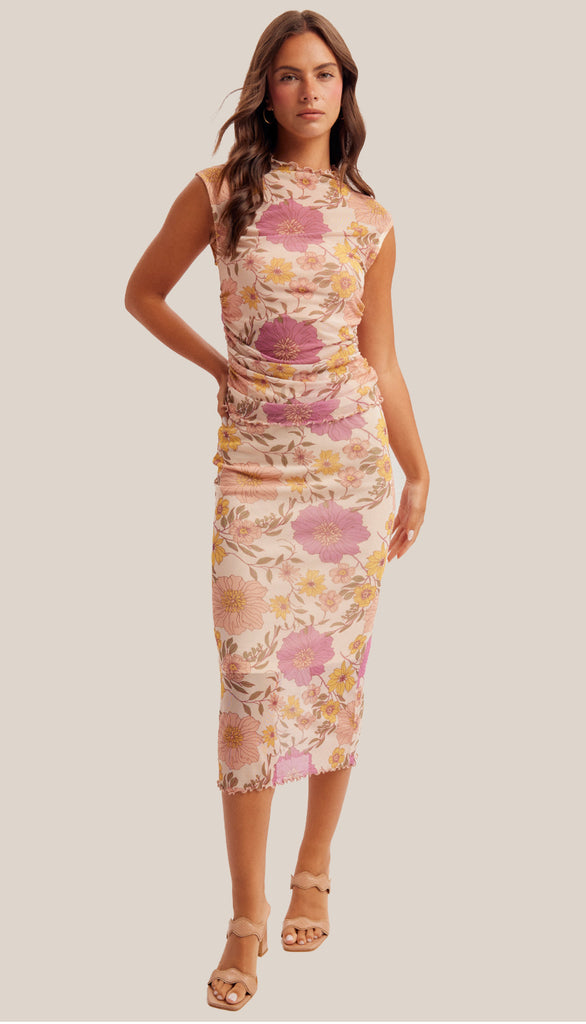 Heather Floral Mesh Print Ruched Top- Multi