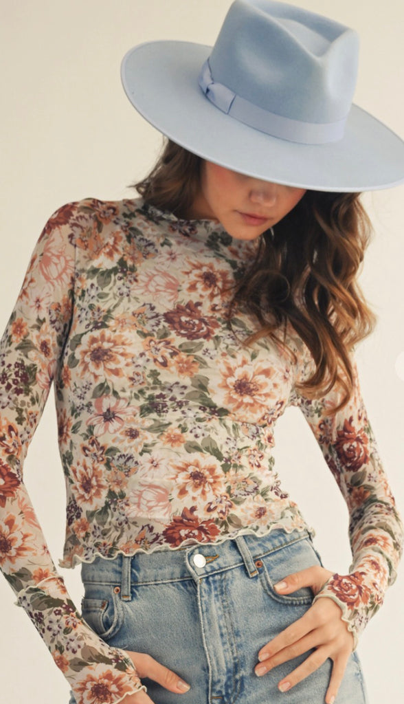 Romance Bloom Floral Mesh Top- Latte