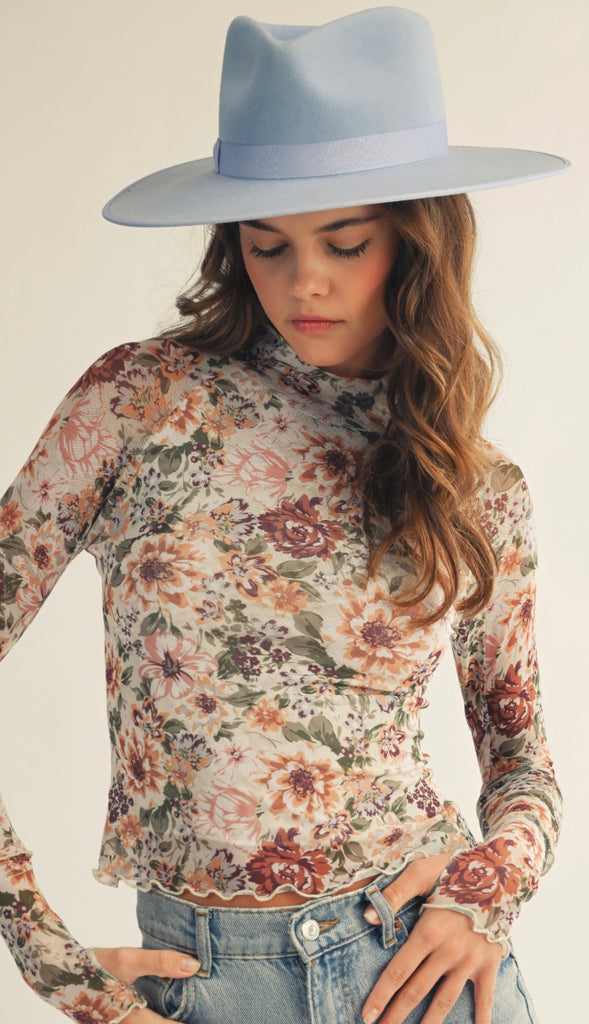 Romance Bloom Floral Mesh Top- Latte