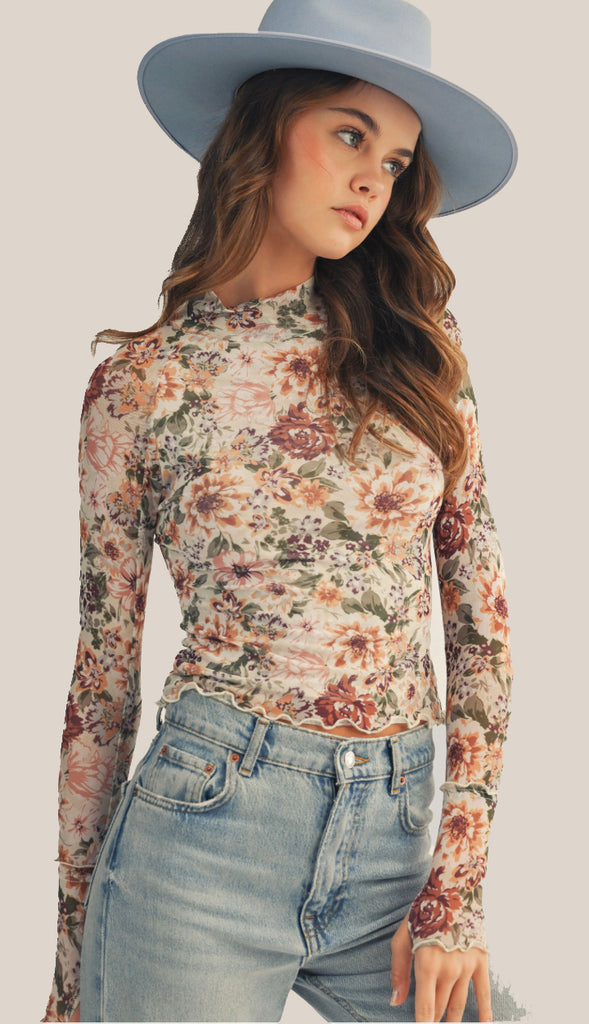 Romance Bloom Floral Mesh Top- Latte