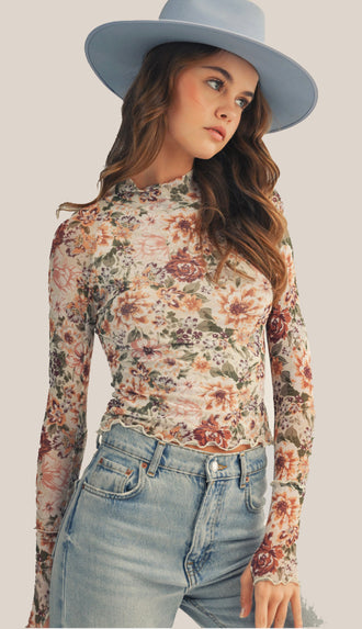 Romance Bloom Floral Mesh Top- Latte